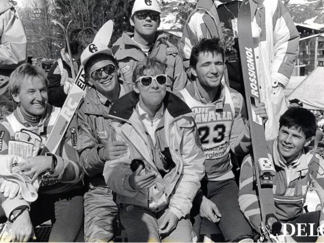 Jugoslovanska alpska smučarska reprezentanca ob koncu svetovnega pokala v Saalbachu 1988. Foto: Srdjan Živulovič
