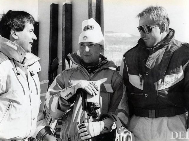 Boris Strel, Mateja Svet in Bojan Križaj na SP v Vailu 1989. Foto: Joco Žnidaršič