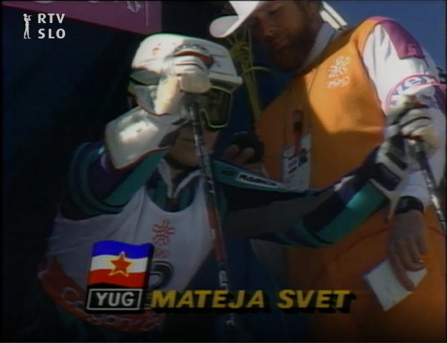 Prvi tek na slalomu v Calgaryju, 1988. Mateja Svet je bila ena izmed največjih favoritinj za odličja. 