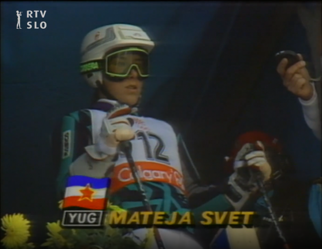 Druga slalomska vožnja v Calgaryju, 1988. Mateja Svet je prismučala srebrno olimpijsko medaljo in povzročila evforijo med domačimi navijači. 