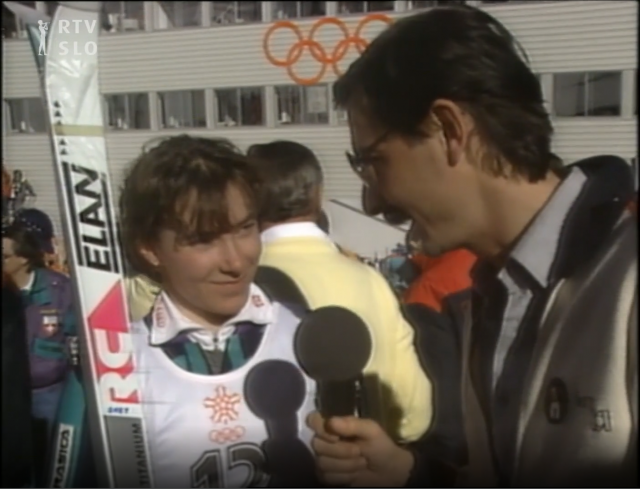 Intervju z Matejo Svet po osvojeni olimpijski slalomski medalji v Calgaryju, 1988. 