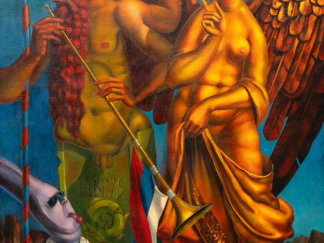Zlati angel opozarja Janusa, 1998 olje na platnu, 65 x 80 cm